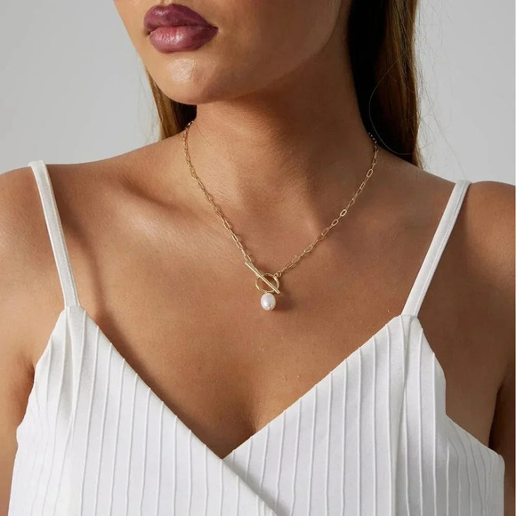 ❤️Women Gold Plated Half Chain Necklace Minimalist Pearl Cuban Chain Jewelry - Picture 2 of 6